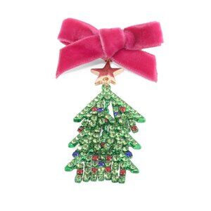 NWT BETSEY JOHNSON Green Crystal Pink Velvet Bow Christmas Tree Pin Brooch & Box